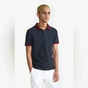 LTB Men’s Navy Blue Polo Shirt with Burgundy Trim - Size M